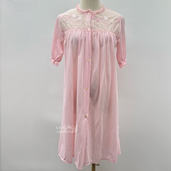 Vtg Union Made Fit Rite Lingerie Pink Nylon Floral Lace Embroidered Nightgown - Picture 1 of 5